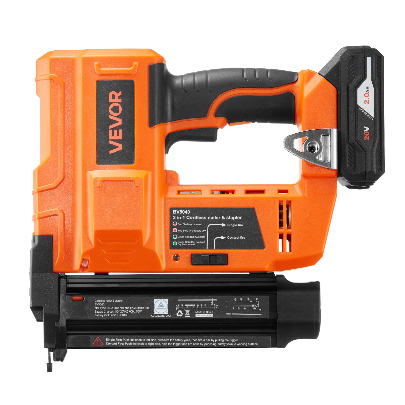 VEVOR 2-in-1 draadloze spijkerpistool, 18 gauge, 20V draadloze spijker- en nietmachine, 100 spijkers/min, met 500 spijkers & 500 nietjes & 2 x 2,0 Ah lithiumbatterijen & oplader, voor doe-het-zelf houtbewerking