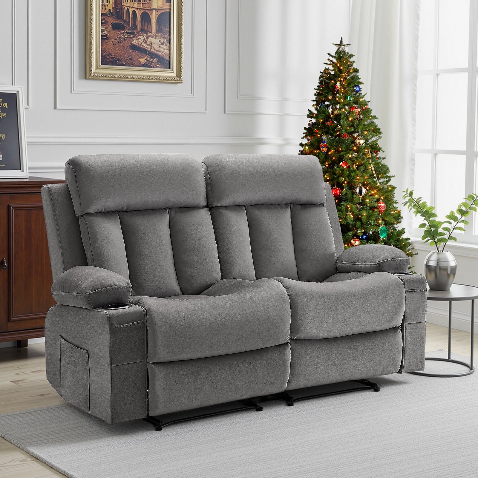 VEVOR Loveseat Relaxstoel, Elektrische Relaxfauteuil met Verwarming & Massagefunctie, Fluwelen Massagestoel met USB-poorten, Bekerhouders & Zijvakken, Tv-stoel voor Woonkamer, Grijs