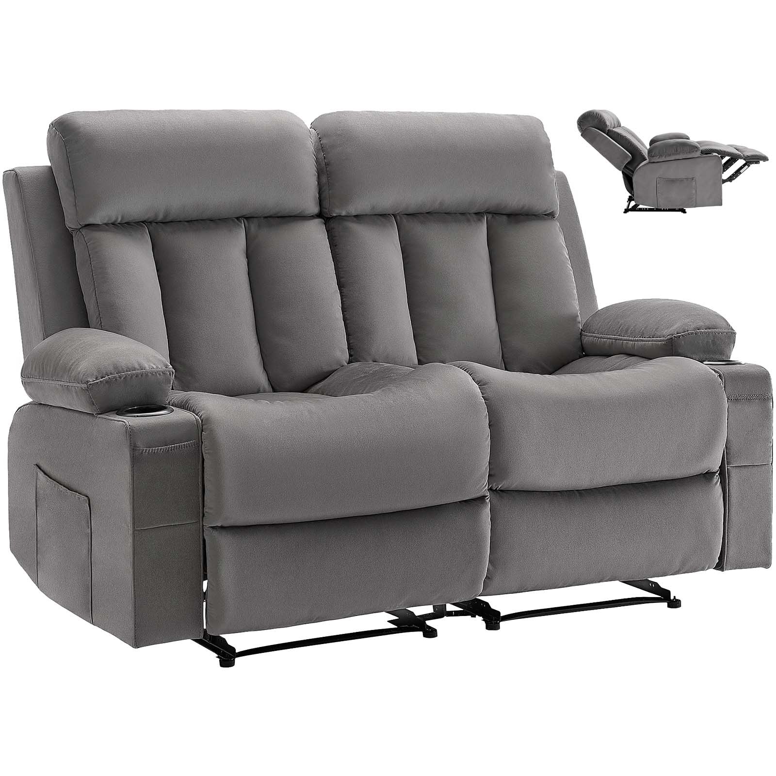 VEVOR Loveseat Relaxstoel, Elektrische Relaxfauteuil met Verwarming & Massagefunctie, Fluwelen Massagestoel met USB-poorten, Bekerhouders & Zijvakken, Tv-stoel voor Woonkamer, Grijs