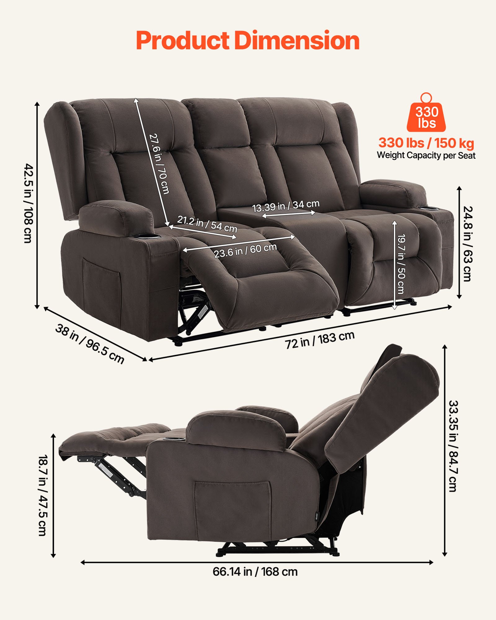 VEVOR Loveseat Relaxfauteuil, Elektrische Relaxbank met Verwarming & Massagefunctie, Massagestoel met Centrale Bediening, USB-poorten, Bekerhouders & Zijvakken, Bank voor Woonkamer, Bruin