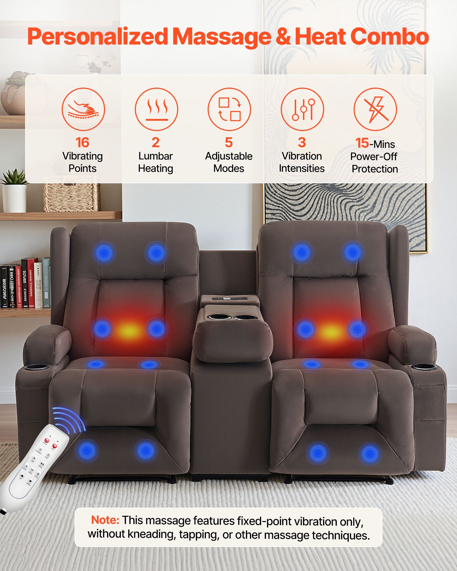 VEVOR Loveseat Relaxfauteuil, Elektrische Relaxbank met Verwarming & Massagefunctie, Massagestoel met Centrale Bediening, USB-poorten, Bekerhouders & Zijvakken, Bank voor Woonkamer, Bruin
