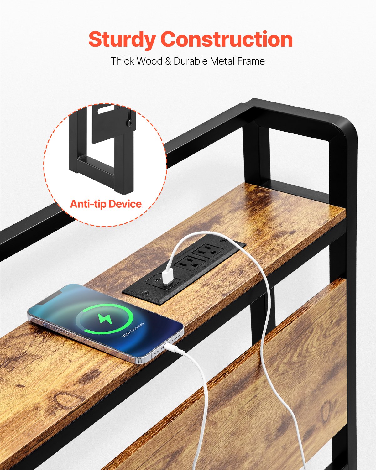 VEVOR Headboard for King Size Bed, Adjustable Height Headboard with Storage Shelf, King Size Freestanding Head Board with Outlets and USB Port for Different Bed Frames, Easy Assembly, Black and Brown