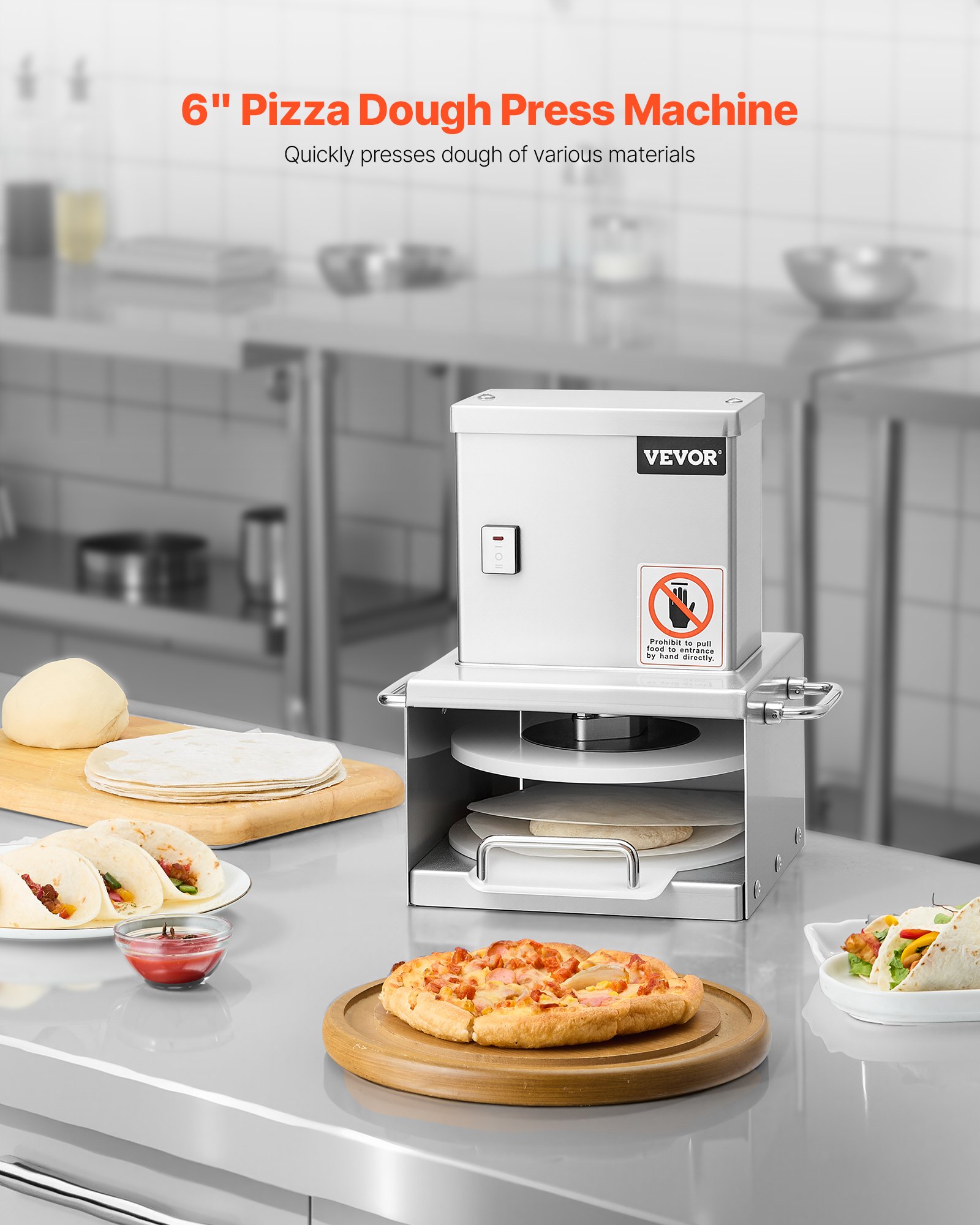 VEVOR Electric Pizza Dough Press Machine, 6 inch Pizza Pastry Press Plate, Stainless Steel Bread Presser, Adjustable Thickness Commercial Forming Machine, with 100 Pcs Parchment Paper