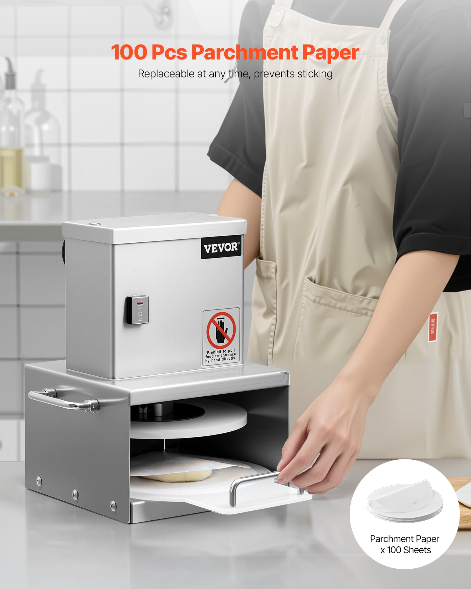 VEVOR Electric Pizza Dough Press Machine, 6 inch Pizza Pastry Press Plate, Stainless Steel Bread Presser, Adjustable Thickness Commercial Forming Machine, with 100 Pcs Parchment Paper