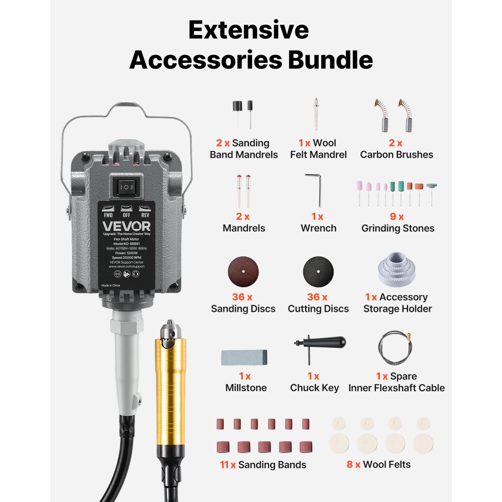 VEVOR elektrische roterende slijpmachine, 1200 W, 30.000 tpm, flexibele as roterende slijpmachine met voetpedaalbediening, hangende slijpmachine met 112-delige accessoire set, hogesnelheidsslijpmachine voor slijpen, polijsten en snijden