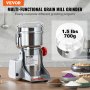 VEVOR Portable Grain Mill 700g Grinder 2500W Multifunction Kitchen Mill Stainless Steel Grinder Powder Machine Timing Dry Mill for Herbs/Spices/Grains etc. Includes Blades & Brushes