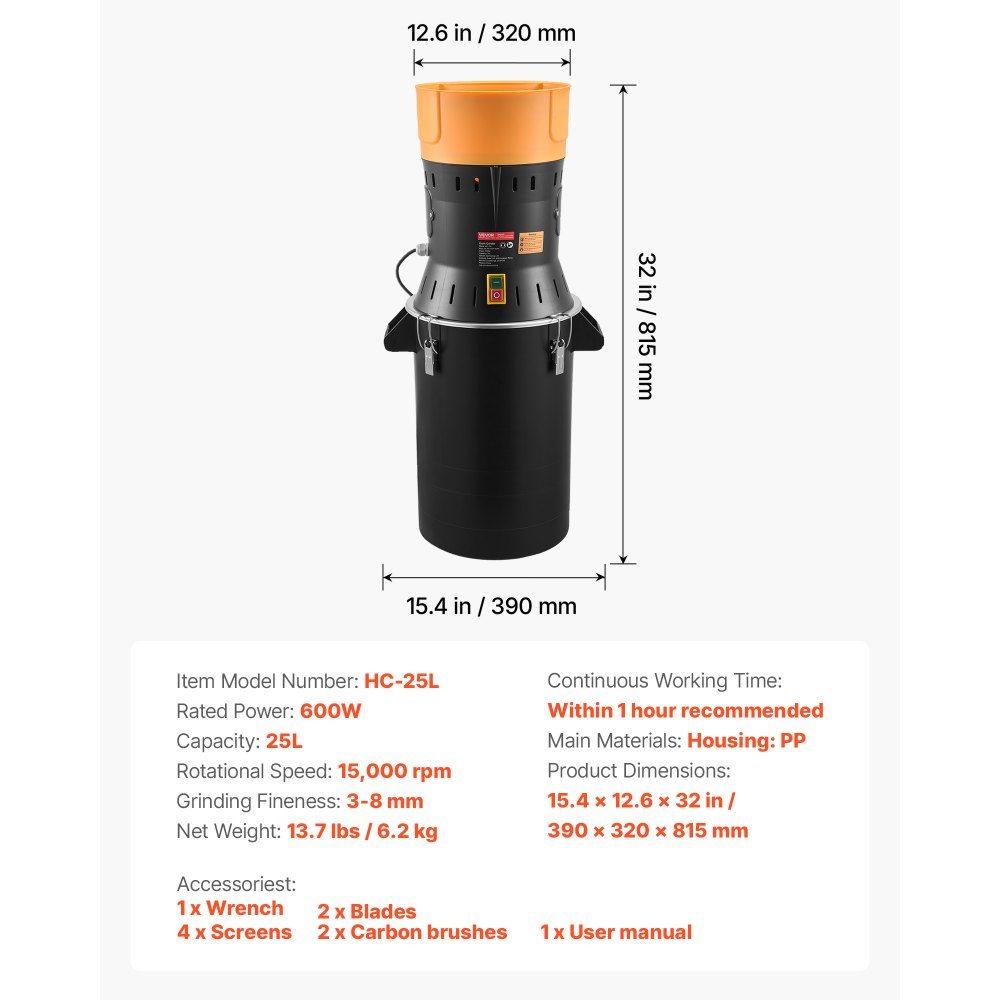 VEVOR Electric Grain Mill Grinder, 600W High Power Commercial Spice Grinder, 25L Pulverizer Powder Machine with Galvanized Sharp Blades, for Dry Grains, Spices, Cereals, Coffee Bean, Corn, and Pepper