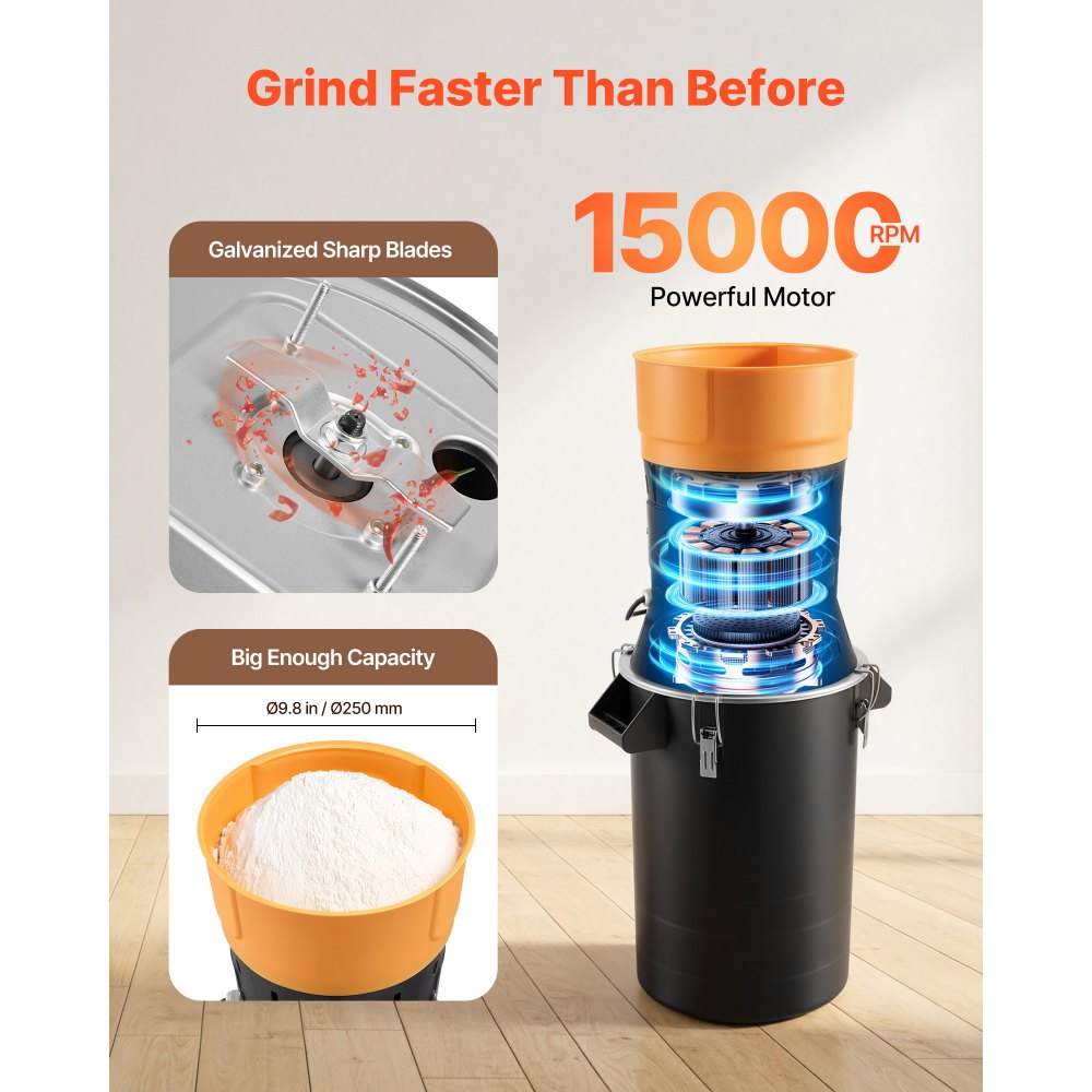 VEVOR elektrische graanmolen 25 liter, specerijenmolen 600 W, specerijenmolen met gegalvaniseerde en scherpe messen, verpulveraar voor droge granen, specerijen, muesli, koffie, maïs 390x320x815 mm