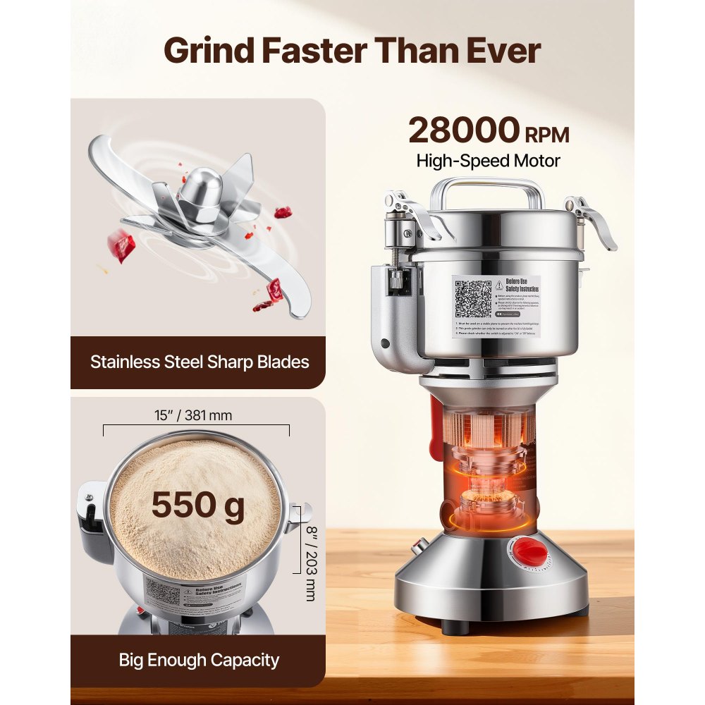 VEVOR Elektrische Graanmolen, Hoge Snelheid Kruidenmolen 550 g 2000 W, RVS Pulverizer, voor Droge Granen Specerijen Granen Koffie Maïs Peper, Zilver 195 x 160 x 365 mm