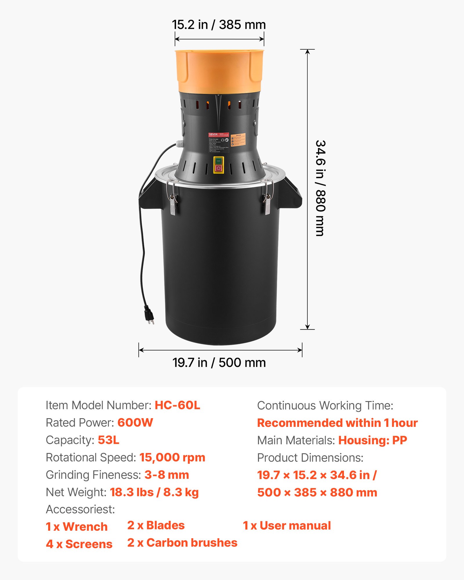 VEVOR elektrische graanmolen 53 liter, specerijenmolen 600 W, specerijenmolen met gegalvaniseerde en scherpe messen, verpulveraar voor droge granen, specerijen, muesli, koffie, maïs 500x385x880 mm