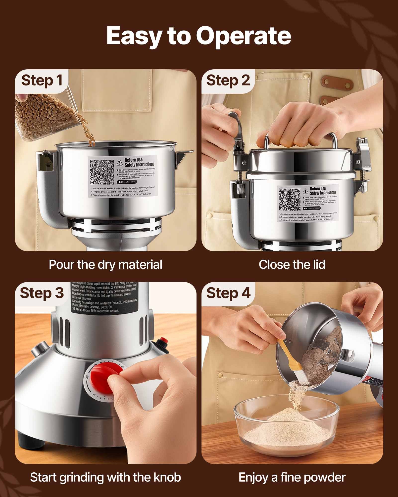 VEVOR 750g Electric Grain Mill Grinder, High Speed 2000W Commercial Spice Grinders, Stainless Steel Pulverizer Powder Machine, for Dry Grains Spices Cereals Coffee Corn Pepper, Straight Type