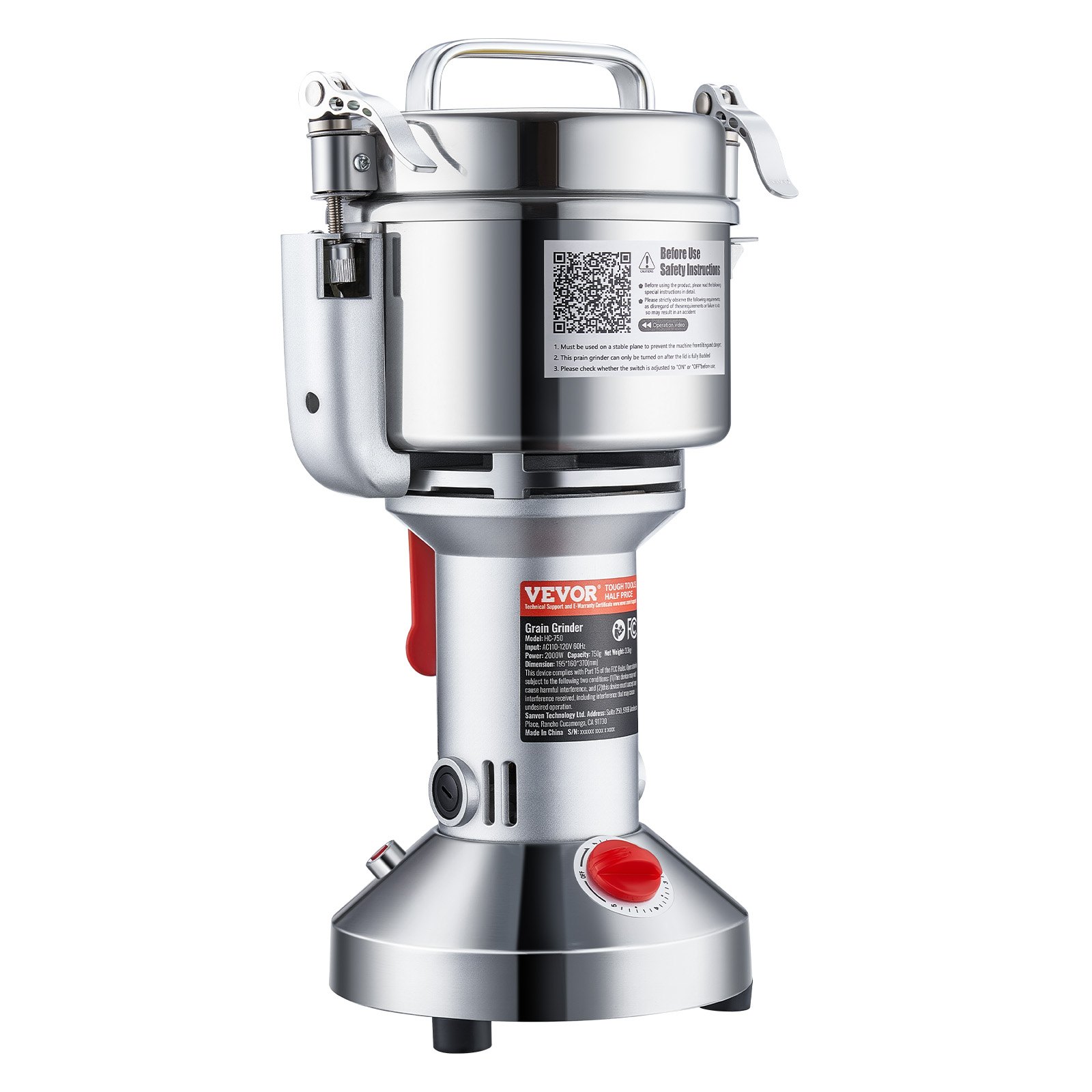 VEVOR 750g Electric Grain Mill Grinder, High Speed 2000W Commercial Spice Grinders, Stainless Steel Pulverizer Powder Machine, for Dry Grains Spices Cereals Coffee Corn Pepper, Straight Type