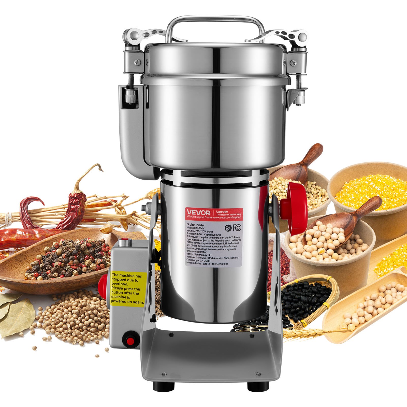 VEVOR elektrische graanmolen 800 g, 2100 W, roestvrijstalen graanmolen, specerijenmolen voor droge granen, specerijen, muesli, koffie, maïs, peper, draaibare verpulveraar 220x190x375 mm