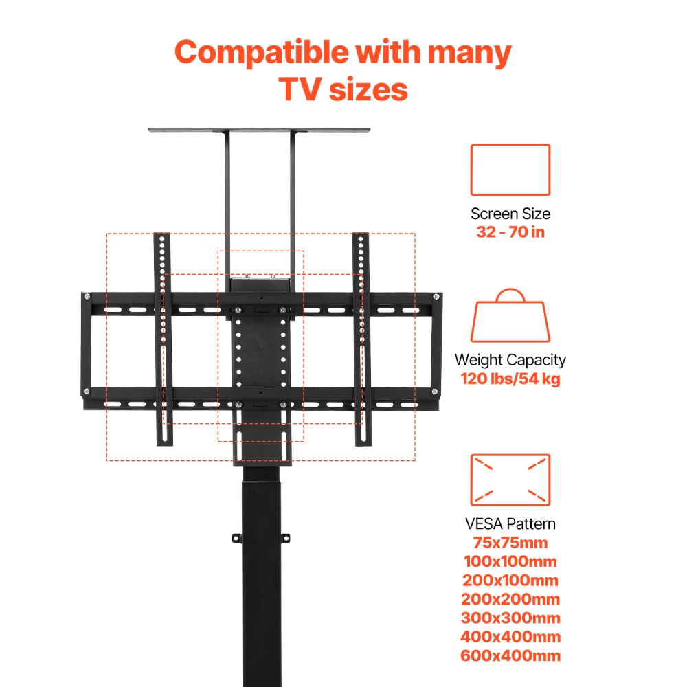 VEVOR Gemotoriseerde TV-liftstandaard Verstelbare TV-liftstandaard voor 813-1178 mm TV's (draagvermogen 54 kg), elektrische TV-beugel met afstandsbediening, TV-standaard met max. VESA 60 x 40 cm