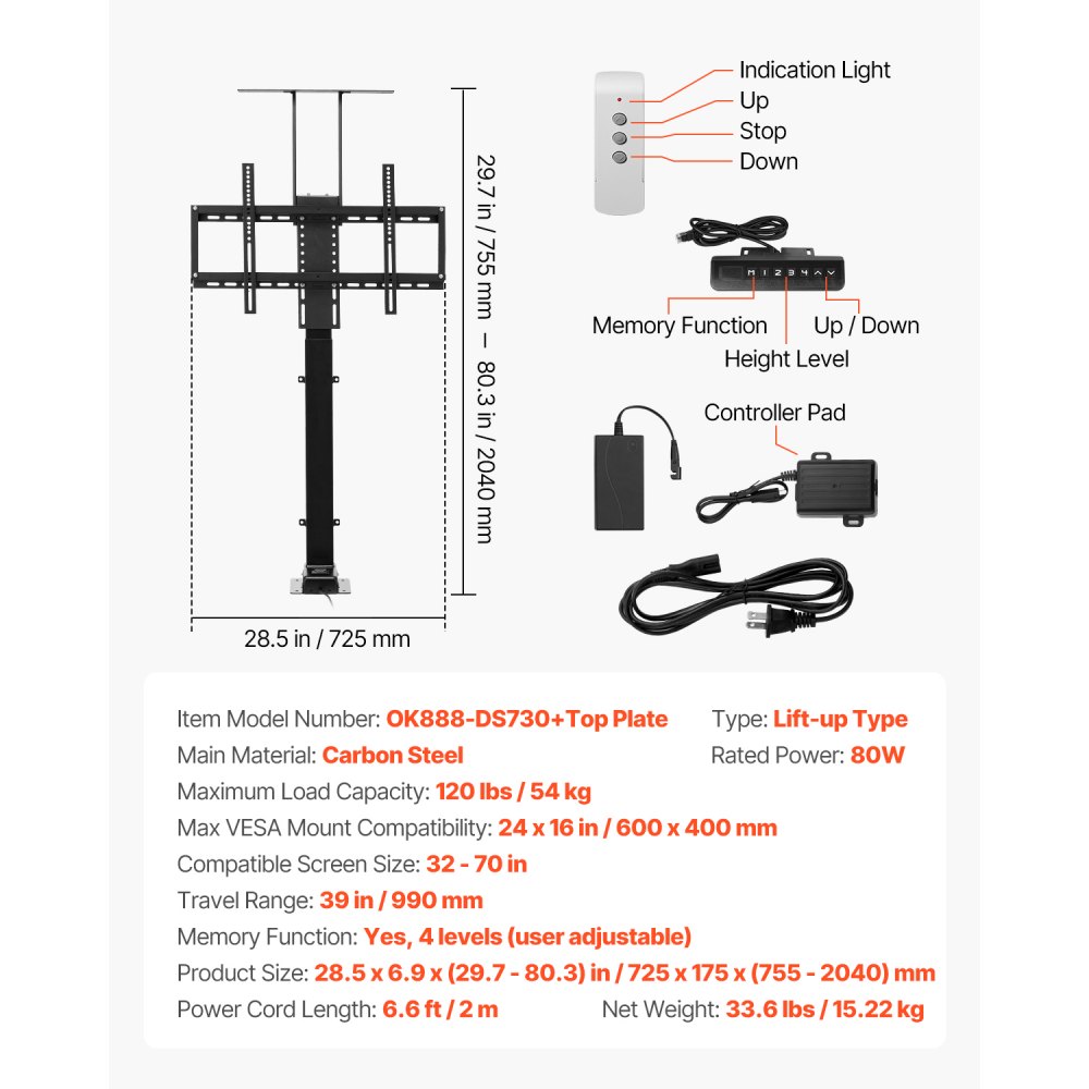 VEVOR Gemotoriseerde TV-liftstandaard Verstelbare TV-liftstandaard voor 813-1178 mm TV's (draagvermogen 54 kg), elektrische TV-beugel met afstandsbediening, TV-standaard met max. VESA 60 x 40 cm