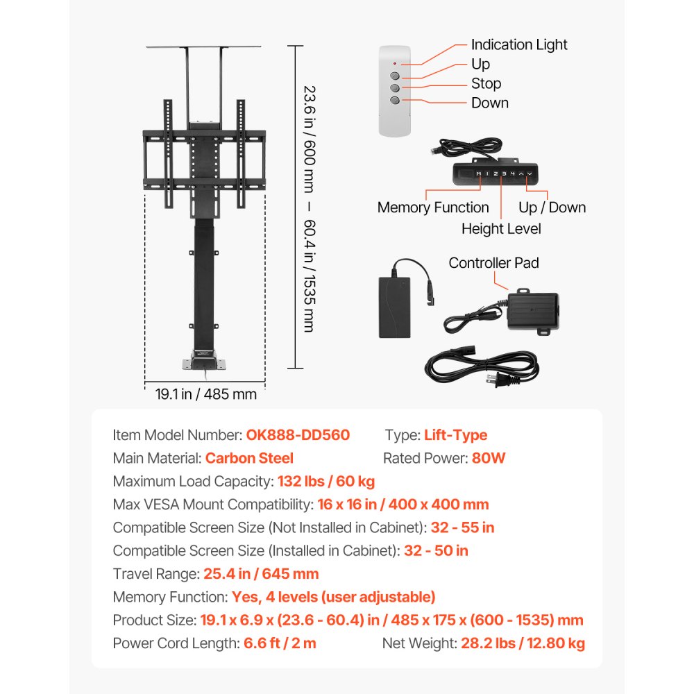 VEVOR Gemotoriseerde TV-liftstandaard Verstelbare TV-liftstandaardbevestiging (draagvermogen 60 kg), verticale elektrische TV-beugel met afstandsbediening, voor 813-1397 mm (niet in kast)