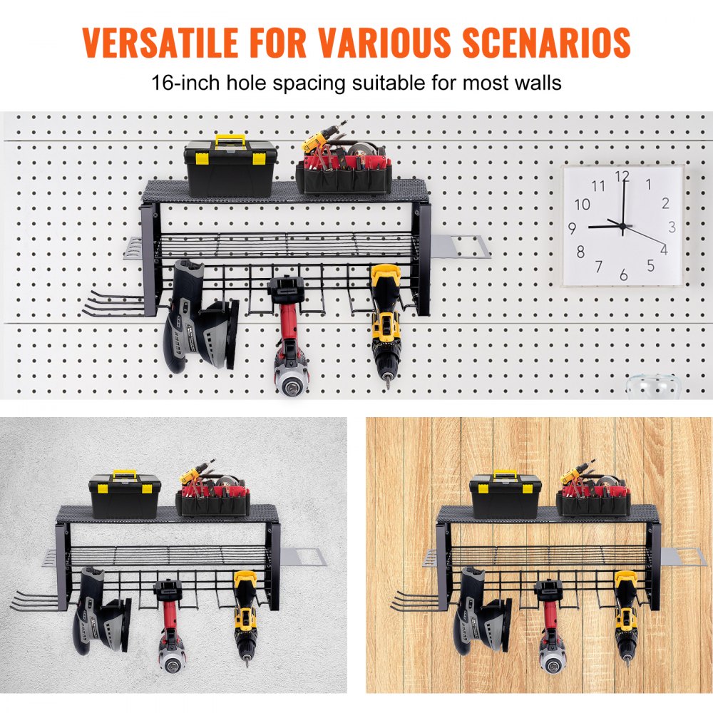VEVOR Power Tool Organizer 30kg Draagvermogen Wandmontage Gereedschapshouder Koolstofstaal Garage Gereedschapsrek 700x205x255mm Gereedschapsopslag 3 Niveaus Garage Muuropslag