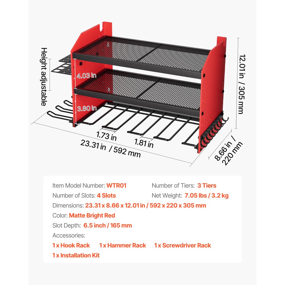 VEVOR Gereedschapsrek voor aan de muur, 3-laags opbergrek met 4 boorhouders, gereedschapshouder met zijpanelen, gereedschapsorganizer voor garage, werkbank en werkplaats, rood