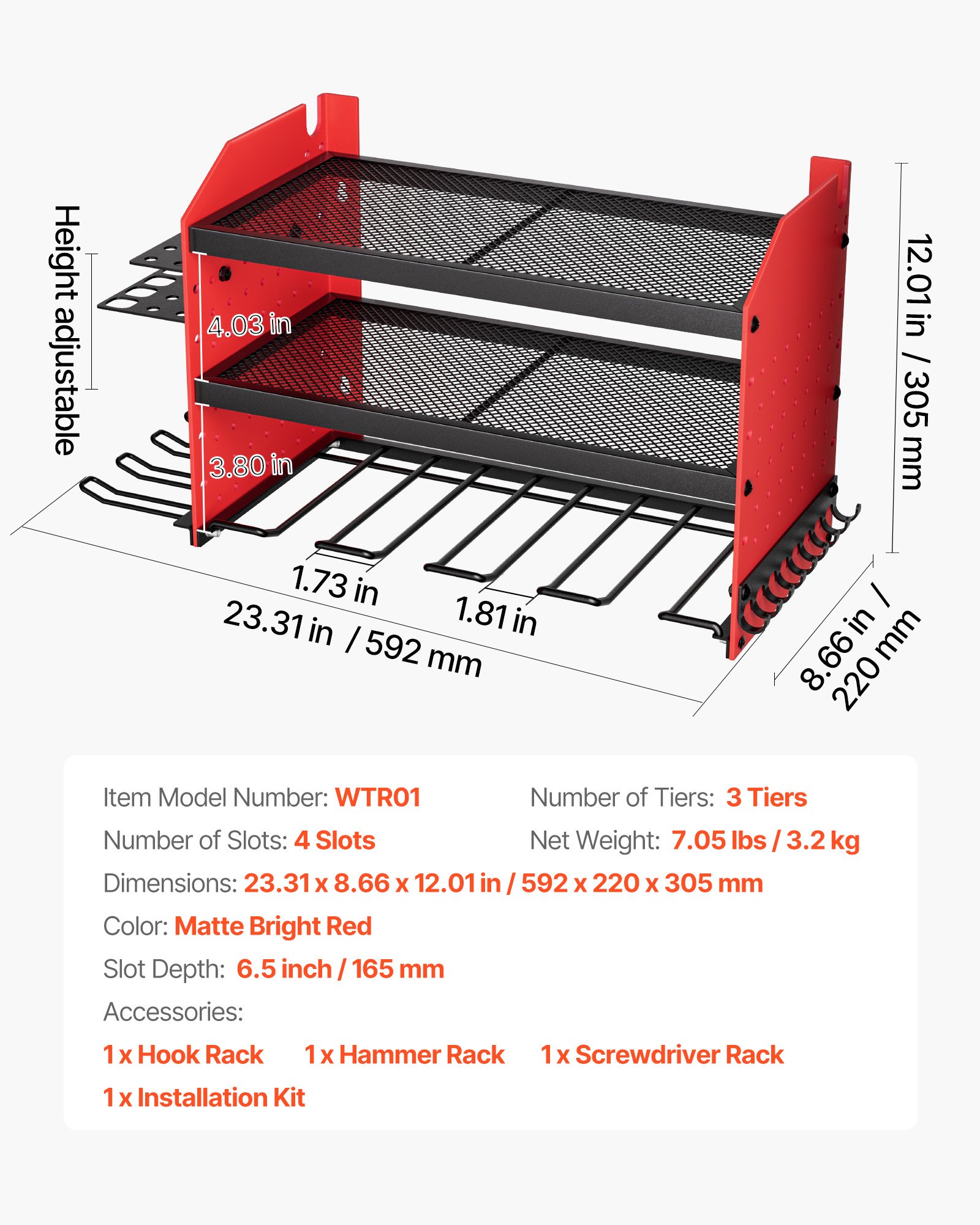 VEVOR Gereedschapsrek voor aan de muur, 3-laags opbergrek met 4 boorhouders, gereedschapshouder met zijpanelen, gereedschapsorganizer voor garage, werkbank en werkplaats, rood