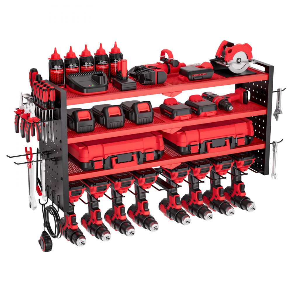 VEVOR Power Tool Organizer Wall Mount, 4-Layer Storage Rack with 8 Drill Holders, Tools Holder and Storage Rack with Side Pegboards, Garage Tool Organizer for Garage, Workbench, and Workshop
