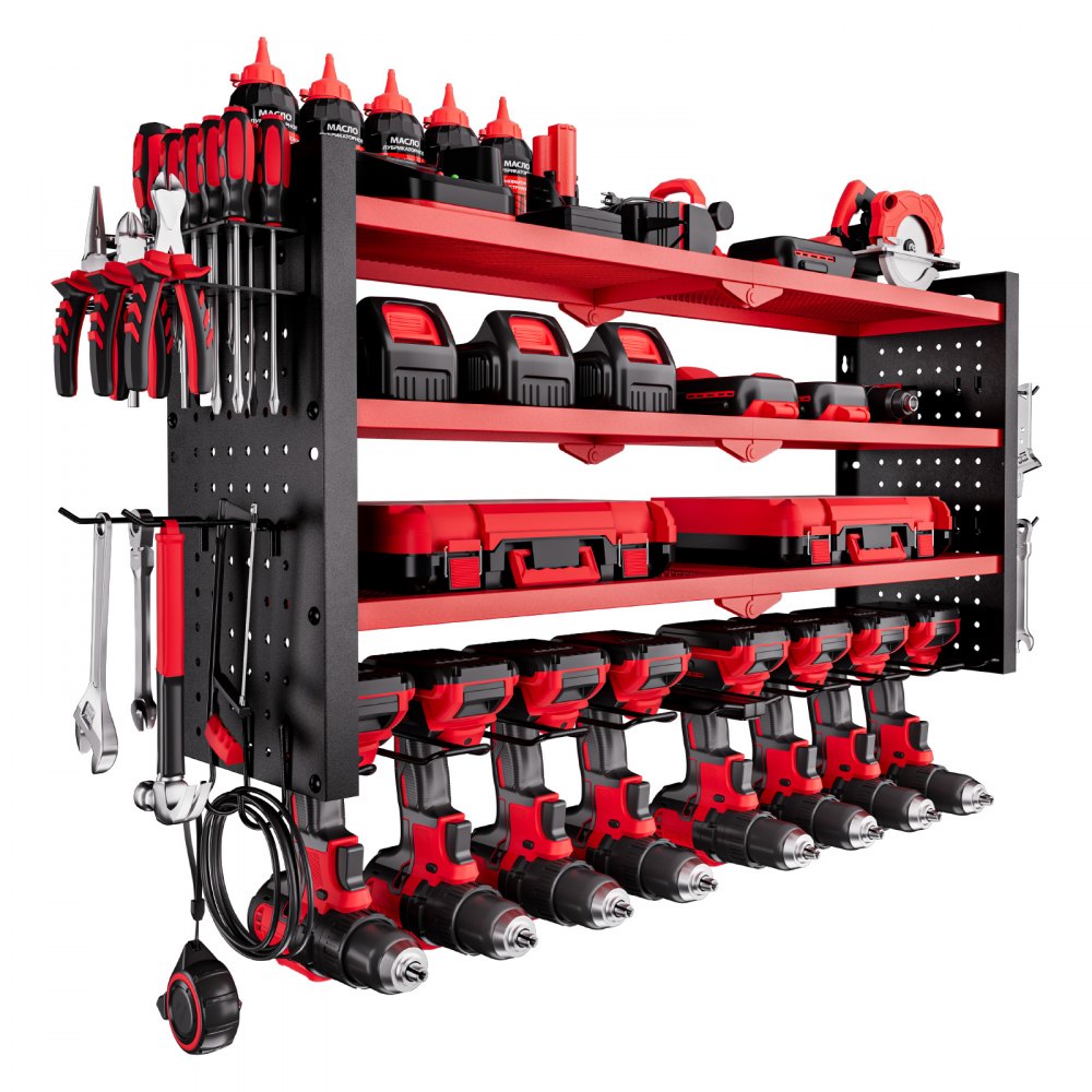 VEVOR Power Tool Organizer Wall Mount, 4-Layer Storage Rack with 8 Drill Holders, Tools Holder and Storage Rack with Side Pegboards, Garage Tool Organizer for Garage, Workbench, and Workshop