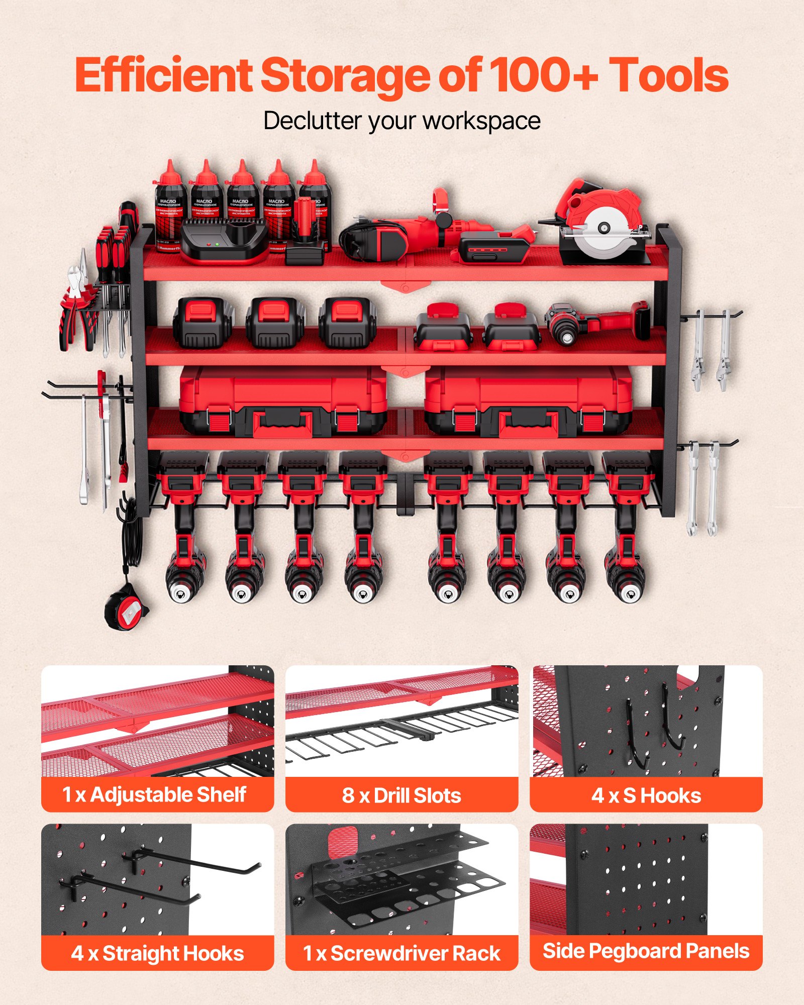 VEVOR Power Tool Organizer Wall Mount, 4-Layer Storage Rack with 8 Drill Holders, Tools Holder and Storage Rack with Side Pegboards, Garage Tool Organizer for Garage, Workbench, and Workshop