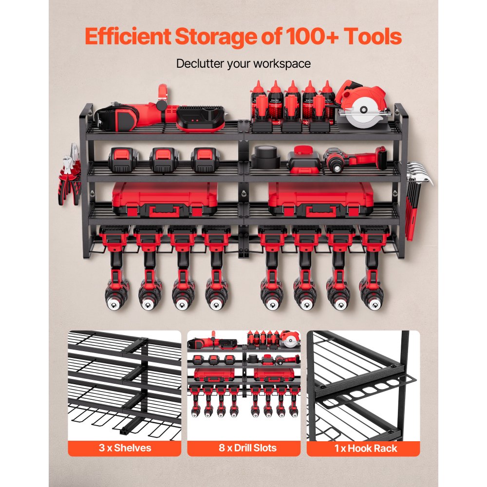 VEVOR Tool Storage Wall Mount, 4-laags opbergrek met 8 boorhouders, gereedschapshouder met schroevendraaierhouder, garagegereedschapsorganizer voor garage, werkbank en werkplaats