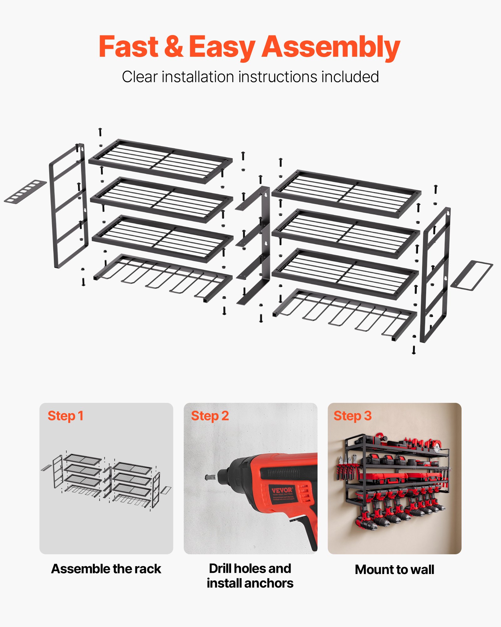 VEVOR Tool Storage Wall Mount, 4-laags opbergrek met 8 boorhouders, gereedschapshouder met schroevendraaierhouder, garagegereedschapsorganizer voor garage, werkbank en werkplaats