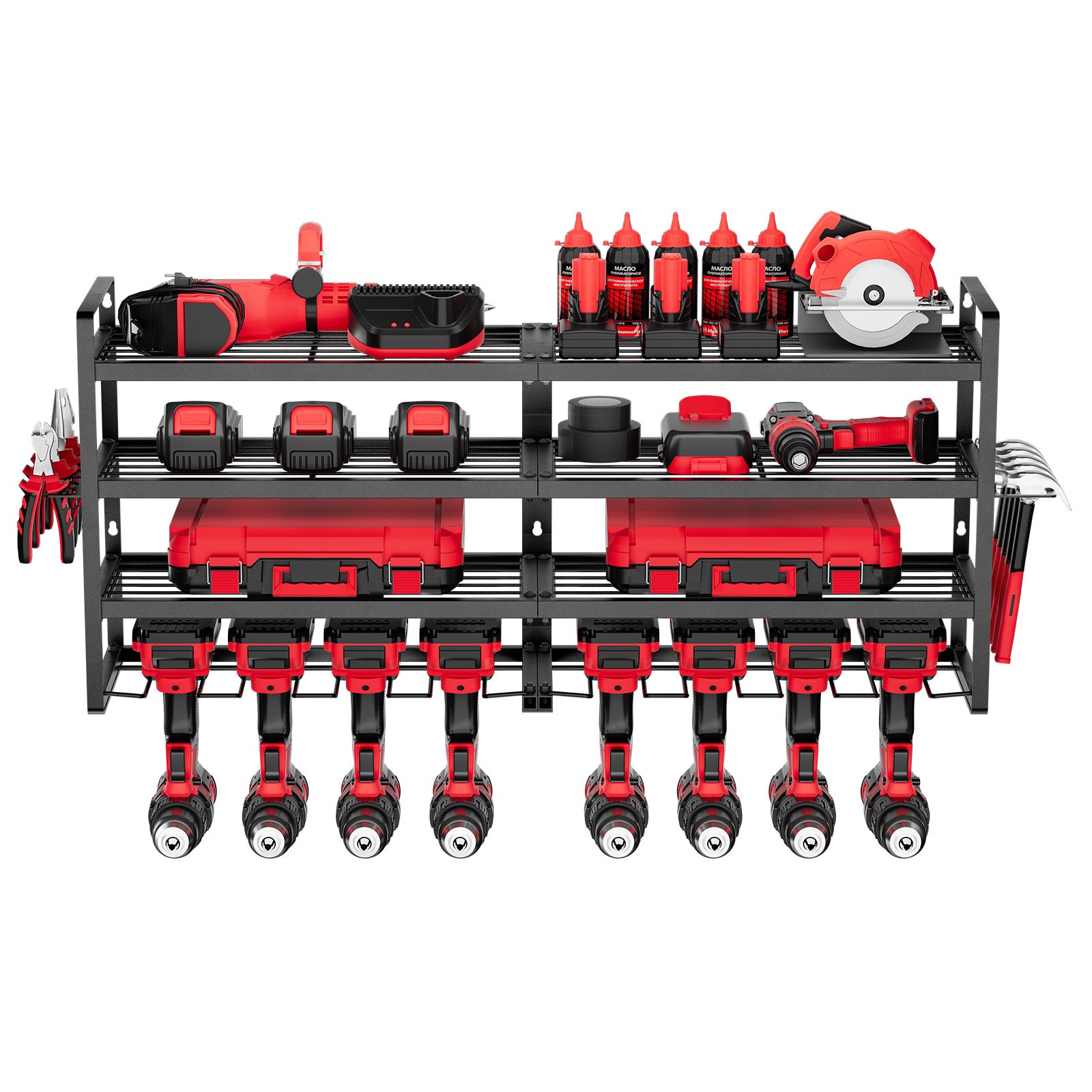 VEVOR Tool Storage Wall Mount, 4-laags opbergrek met 8 boorhouders, gereedschapshouder met schroevendraaierhouder, garagegereedschapsorganizer voor garage, werkbank en werkplaats