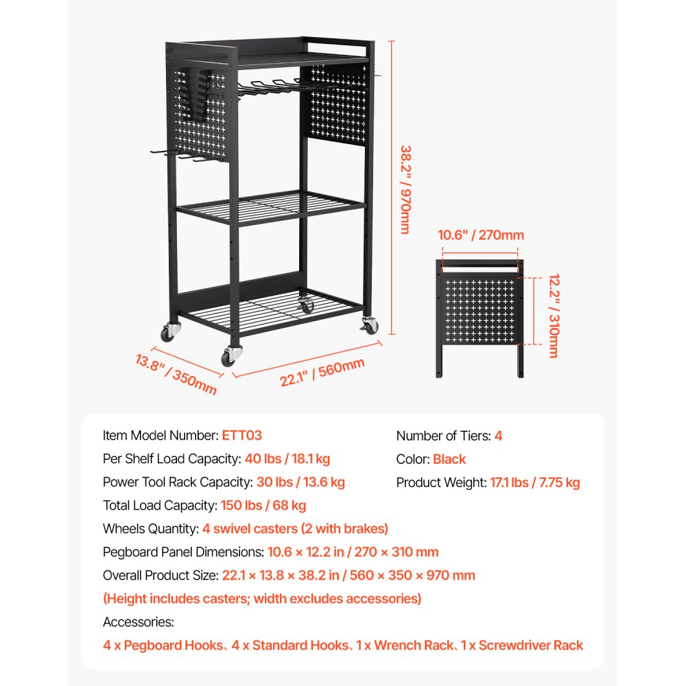 VEVOR 4-laags gereedschapswagen, draagvermogen 68 kg, werkplaatswagen met verrijdbare boorhouder en stevig opbergvak, montagewagen voor de garage, werkplaats, garage, zwart, 560 x 350 x 970 mm