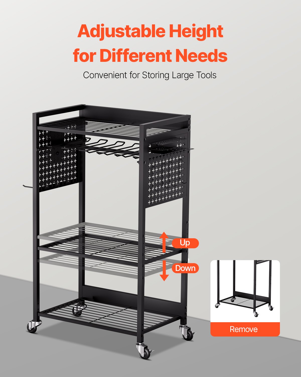 VEVOR 4-laags gereedschapswagen, draagvermogen 68 kg, werkplaatswagen met verrijdbare boorhouder en stevig opbergvak, montagewagen voor de garage, werkplaats, garage, zwart, 560 x 350 x 970 mm