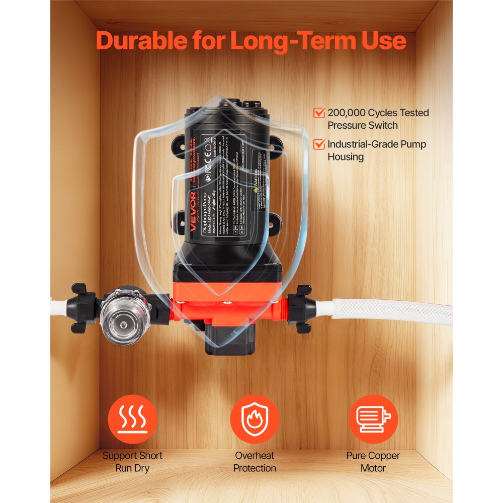 VEVOR Membraanpomp, 12 V DC, 22,7 L/min, zelf aanzuigende 4-kamer membraanwaterpomp met automatische drukschakelaar, 4,8 bar druk, voor campers, caravans, schepen, jachten, autowasstraten