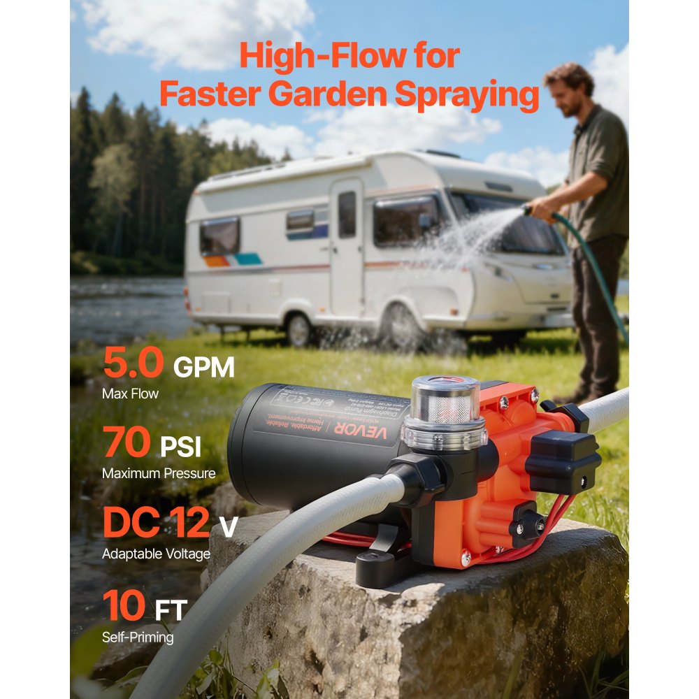 VEVOR membraanpomp, 12 V DC, 18,9 l/min, zelfaanzuigende 4-kamer membraanwaterpomp met automatische drukschakelaar, 4,8 bar druk, voor campers, caravans, schepen, jachten, autowasstraten.