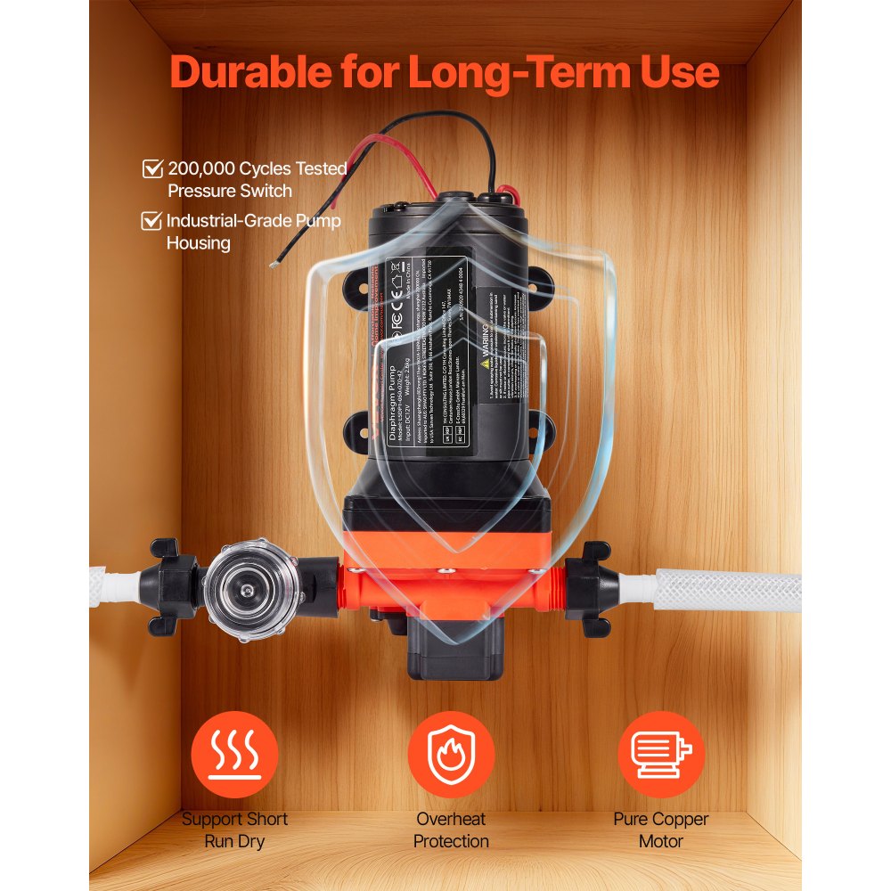 VEVOR membraanpomp, 12 V DC, 18,9 l/min, zelfaanzuigende 4-kamer membraanwaterpomp met automatische drukschakelaar, 4,8 bar druk, voor campers, caravans, schepen, jachten, autowasstraten.