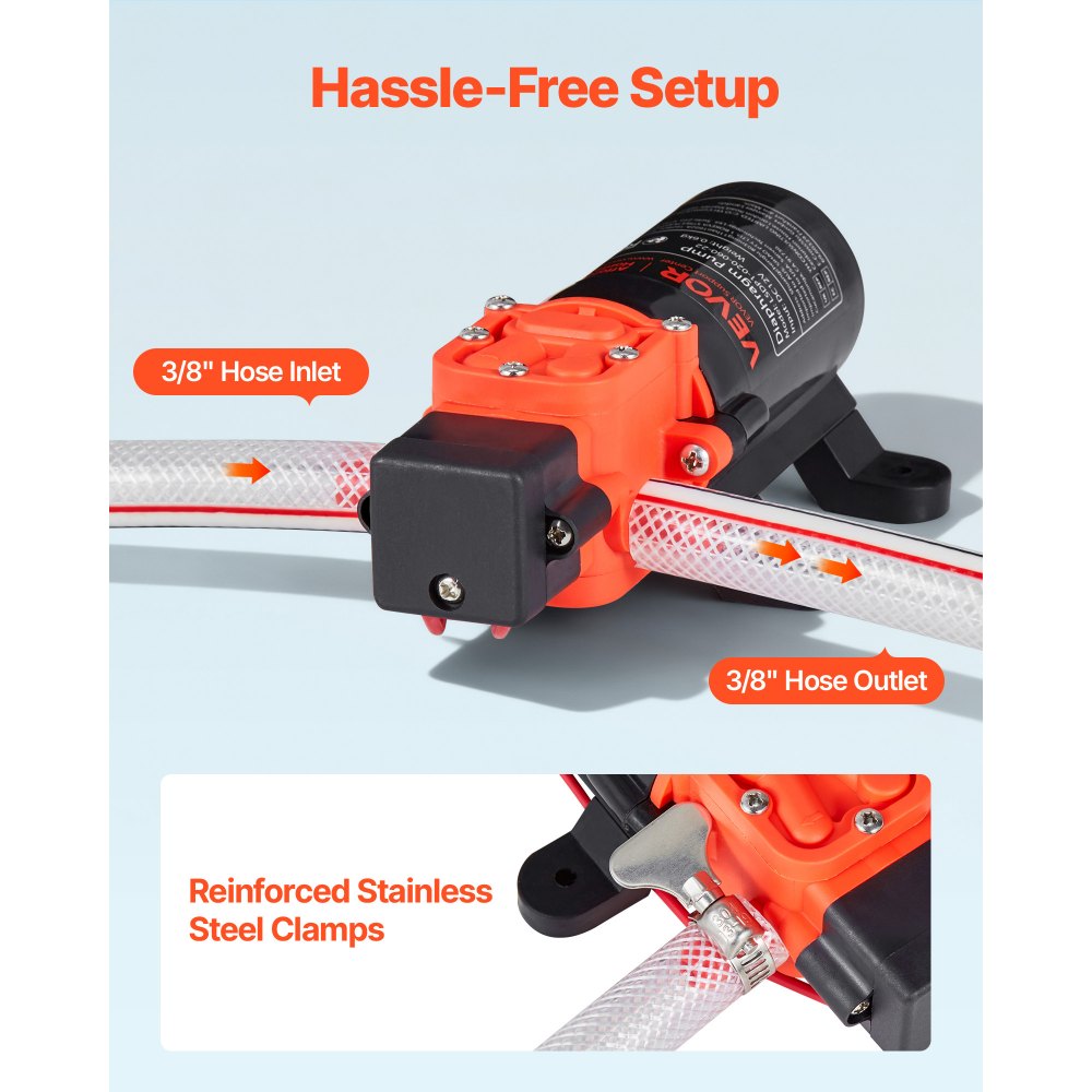 VEVOR membraanpomp, 12 V DC, 4,5 l/min, zelfaanzuigende 2-kamer membraanwaterpomp met 2 slangklemmen, maximale druk 5,5 bar, stille werking, voor campers, caravans, boten en tuinirrigatie.