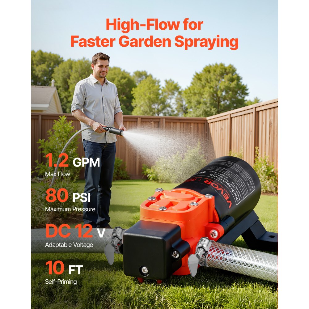 VEVOR membraanpomp, 12 V DC, 4,5 l/min, zelfaanzuigende 2-kamer membraanwaterpomp met 2 slangklemmen, maximale druk 5,5 bar, stille werking, voor campers, caravans, boten en tuinirrigatie.