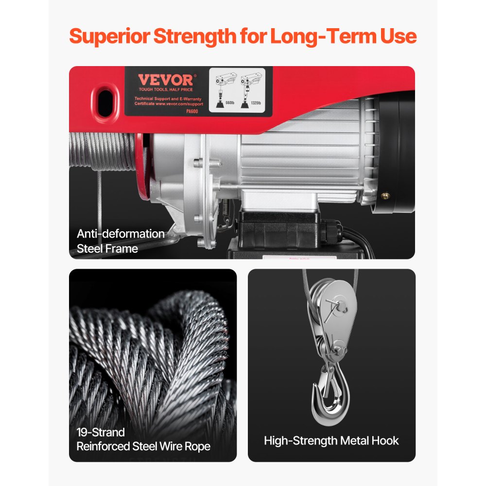 VEVOR Electric Hoist, 1320 lbs 230V Electric Winch with 328 ft Wireless & 14 ft Wired Remote Control, 40 ft Single Cable Lifting Height, Single/Double Slings, Lift Hoist for Garage Warehouse Factory