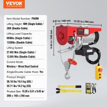 VEVOR Elektrische Kabeltakel Kabelliertakel 2x Afstandsbediening 600kg 12m