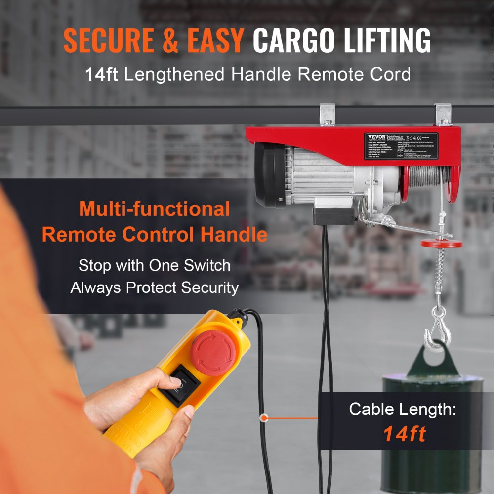 VEVOR Electric Hoist, 1760 lbs 230V Electric Winch with 14 ft Wired Remote Control, 40 ft Single Cable Lifting Height, Single/Double Slings, Emergency Stop, Lift Hoist for Garage Warehouse Factory