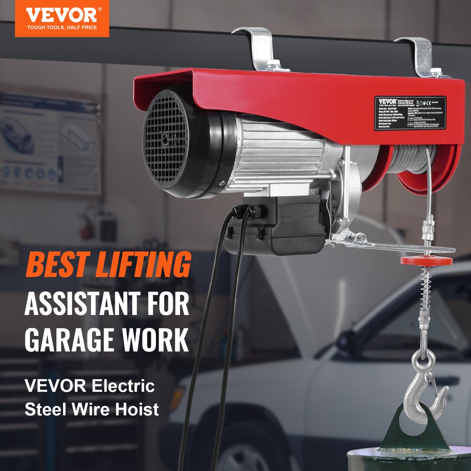 VEVOR Electric Hoist, 2640 lbs 230V Electric Winch with 14 ft Wired Remote Control, 40 ft Single Cable Lifting Height, Single/Double Slings, Emergency Stop, Lift Hoist for Garage Warehouse Factory