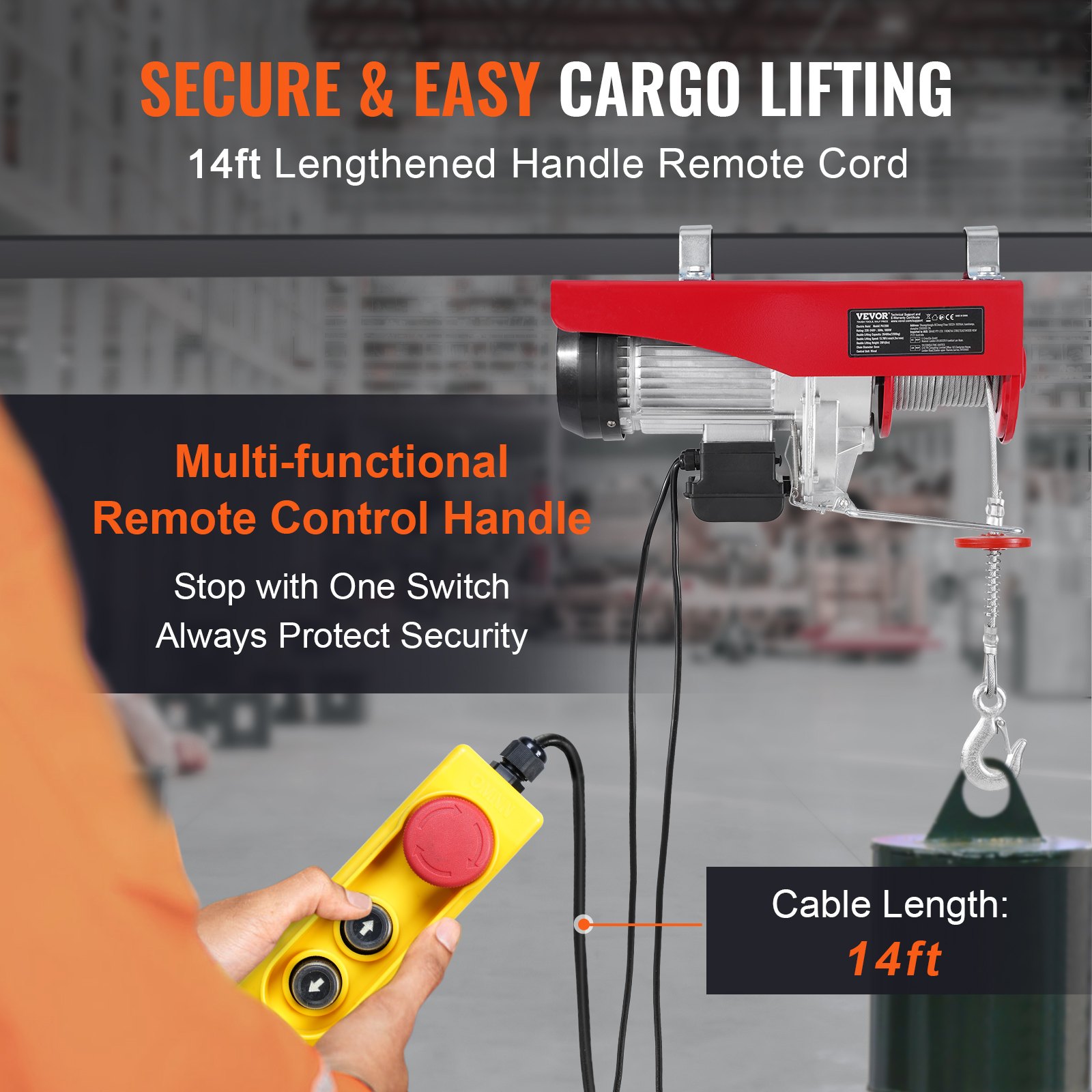 VEVOR Electric Hoist, 2640 lbs 230V Electric Winch with 14 ft Wired Remote Control, 40 ft Single Cable Lifting Height, Single/Double Slings, Emergency Stop, Lift Hoist for Garage Warehouse Factory