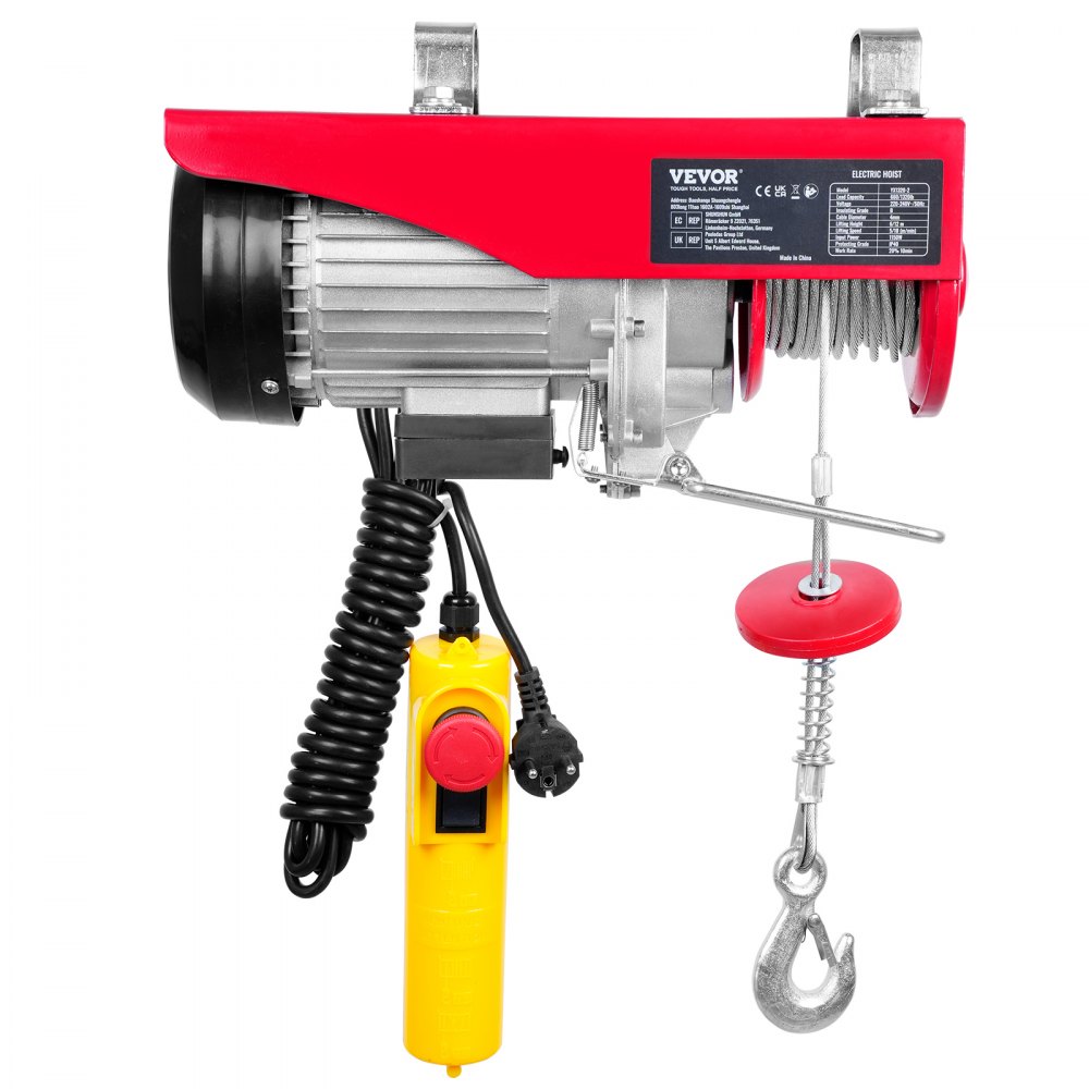 VEVOR 230V elektrische lier met een hefvermogen van 300 tot 600 kg, een hefhoogte van 12 m, een kabeltakel met motor van 1150 W en een hefsnelheid van 10 m/min. Deze lier is voorzien van een kabel en een afstandsbediening.
