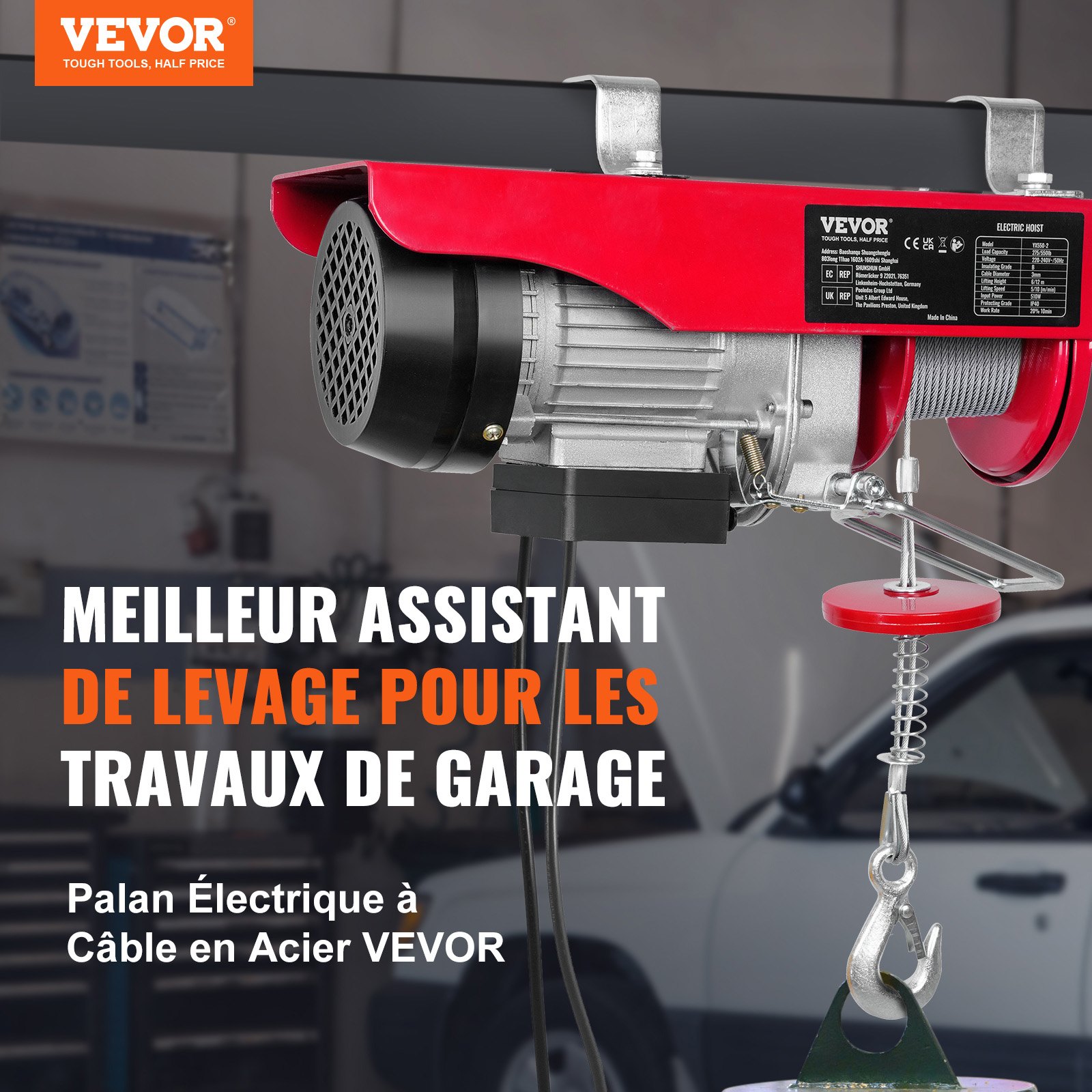 VEVOR elektrische lier 125 kg tot 250 kg hefhoogte 12 m kabeltrekmotorlier 510 W motorblok en takel 10 m/min hefsnelheid takel met bekabelde afstandsbediening kabeltakel kettingtakel