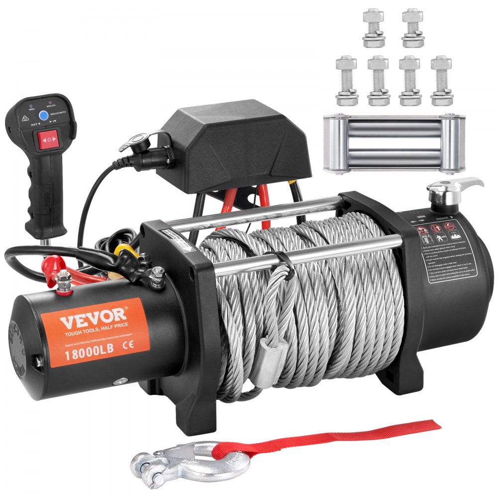 VEVOR Electric Winch 12V 18000lbs/8Ton Off-Road Motor Winch Cable Electric Winch Steel Cable with Wireless Remote Control Black Ideal for medium-sized SUVs trucks and even yachts