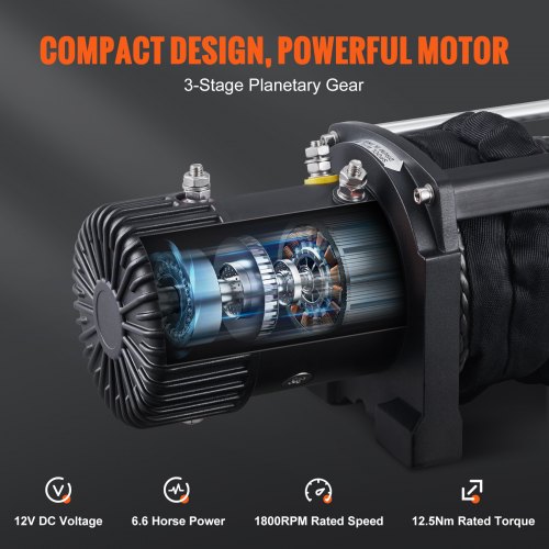 VEVOR Elektrische Lier 12V 13000lbs/5897kg Off-Road Motor Lier Kabel Elektrische Lier 12-Strand Nylon Touw met 2-in-1 Controller Zwart Geschikt voor middelgrote SUV's, vrachtwagens en zelfs jachten