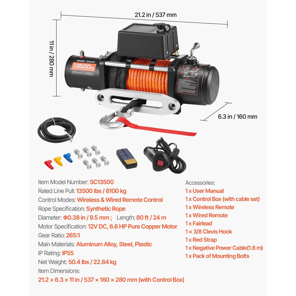VEVOR Electric Winch, 6100 kg Load Capacity, 12V DC Truck Winch with Φ9.5 mm x 24 m Synthetic Rope, Wireless & Wired Remote Control, Suitable for Towing Off-Road SUV Jeep Trailer Boat