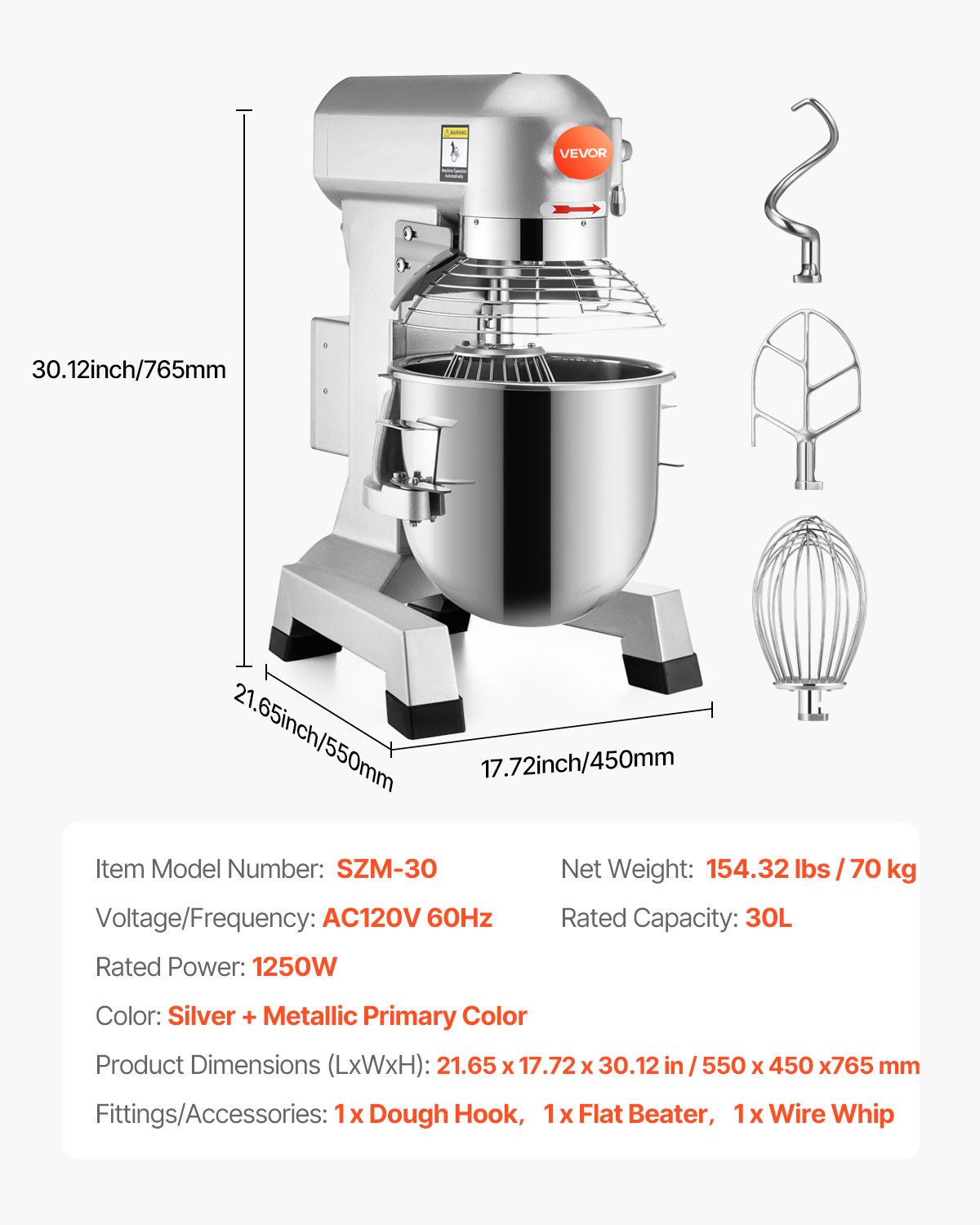 VEVOR Electric Food Mixer 30L Food Stand Mixer 1100W Electric Dough Mixer Maker 220V Adjustable Commercial Mixer Grinder Commercial Stand Mixer for Kitchen Commercial Use