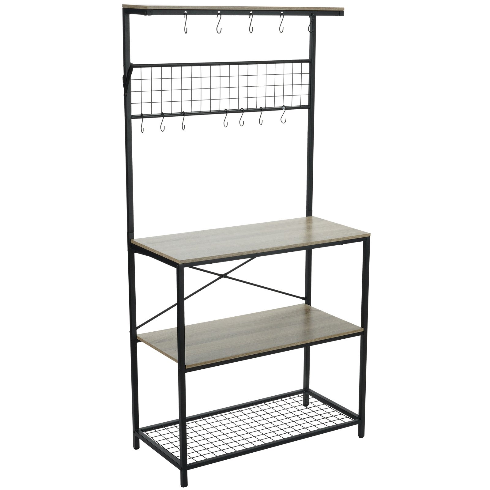 VEVOR 3-laags keukenrek staand 840 x 400 x 1700 mm bakkerijrek met 10 haken en planken 104,7 kg belastbaar magnetronrek industrieel ontwerp waterkoker broodrooster opslag