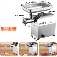 VEVOR Electric Meat Grinder, 794 Lb/H Capacity, 1100W (6000W MAX) Industrial Meat Mincer with 2 Blade, 3 Grinding Plates, Sausage Maker & Kubbe Kit 304 Stainless Steel Commercial Meat Grinder, ETL Lis