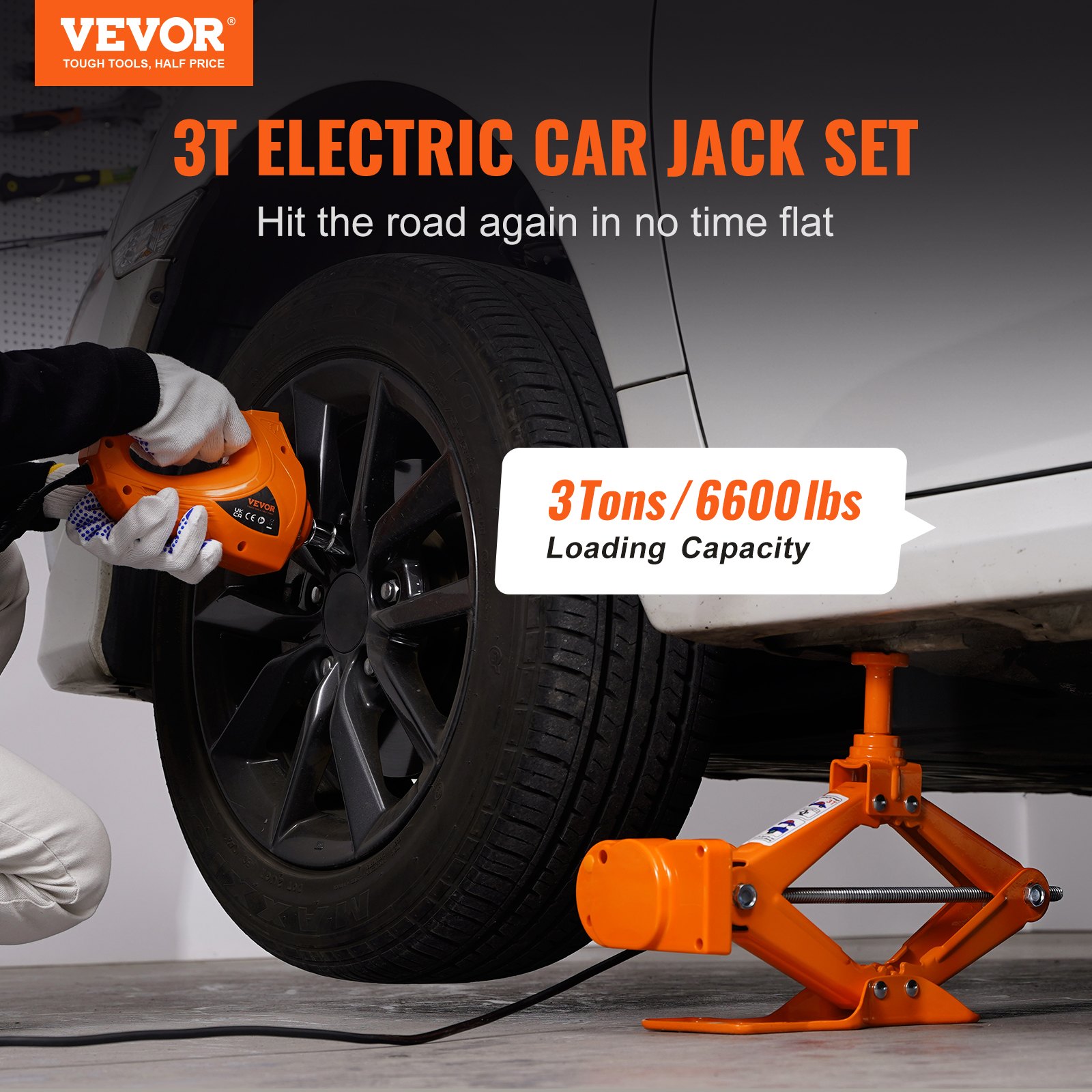 VEVOR Electric Scissor Jack 3 t, Car Jack with Impact Wrench, Tool Box, Hand Crank, 130-370 mm / 170-420 mm Car Jack for Cars, SUVs, Sedans, etc.